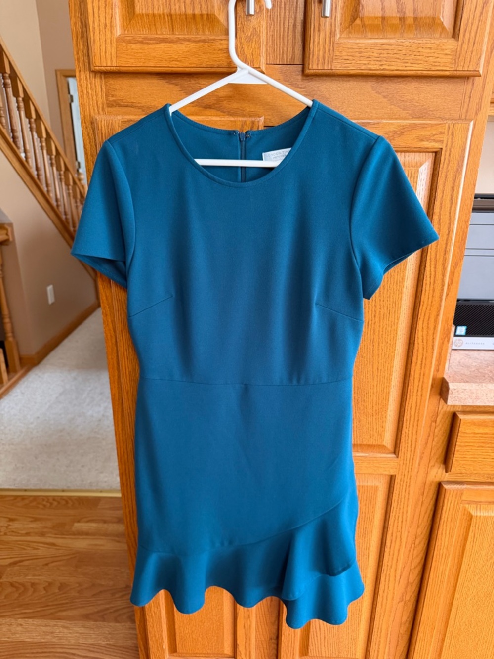 London Times Teal Short Sleeve Ruffle Hem Dress